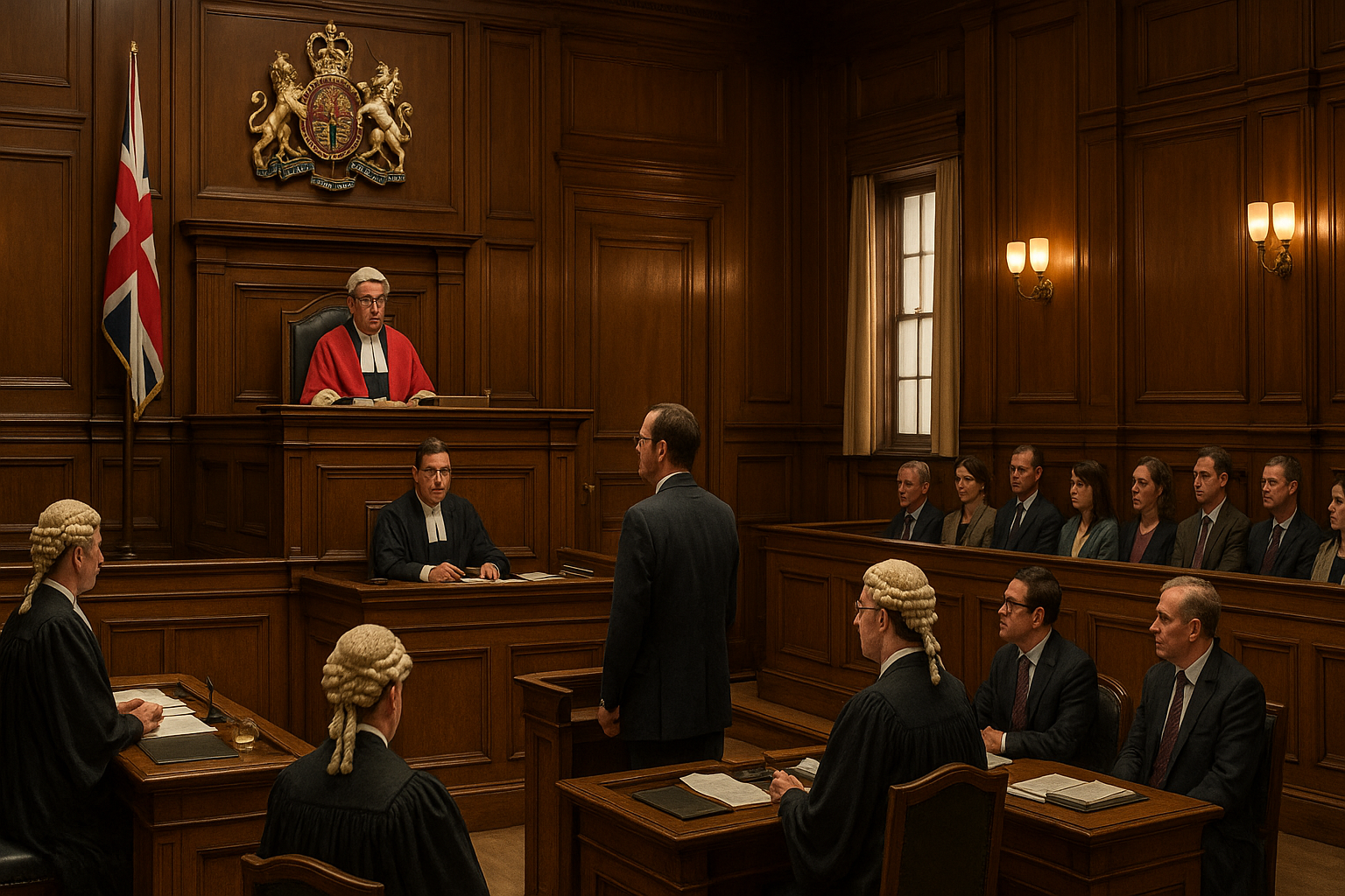 A realistic depiction of a modern courtroom scene, viewed from the gallery, looking towards the judge's bench, counsel tables, and jury box.